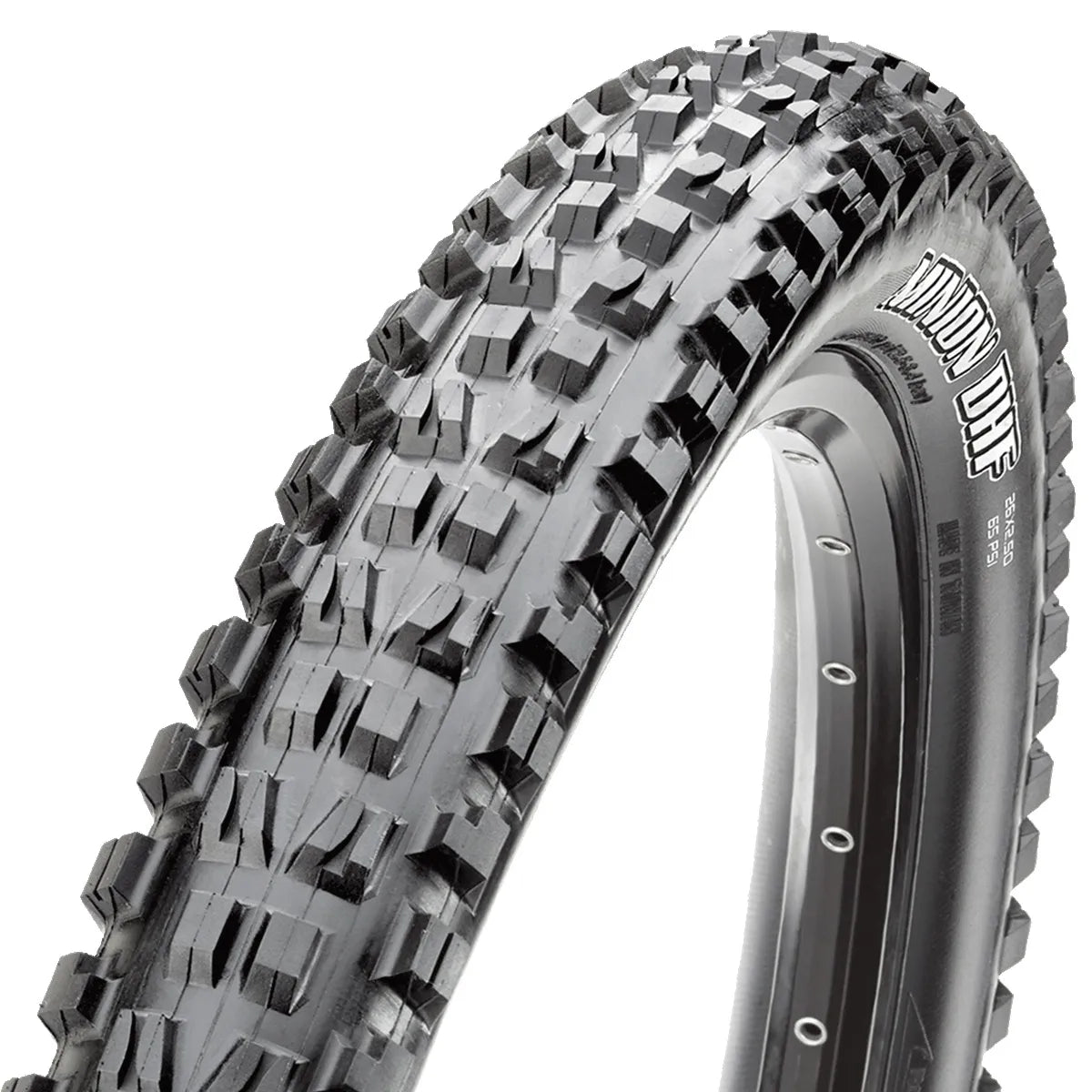 Lähikuva MAXXIS MINION DHF 27.5" (2.5WT) 3CG/EXO/TR -maastopyörän taitettava maastopyörärengas SÄHKÖPYÖRÄT.NETiltä, jossa on rohkea kulutuspinta maastopidon takaamiseksi ja valkoiset mallin yksityiskohdat sivuseinässä.