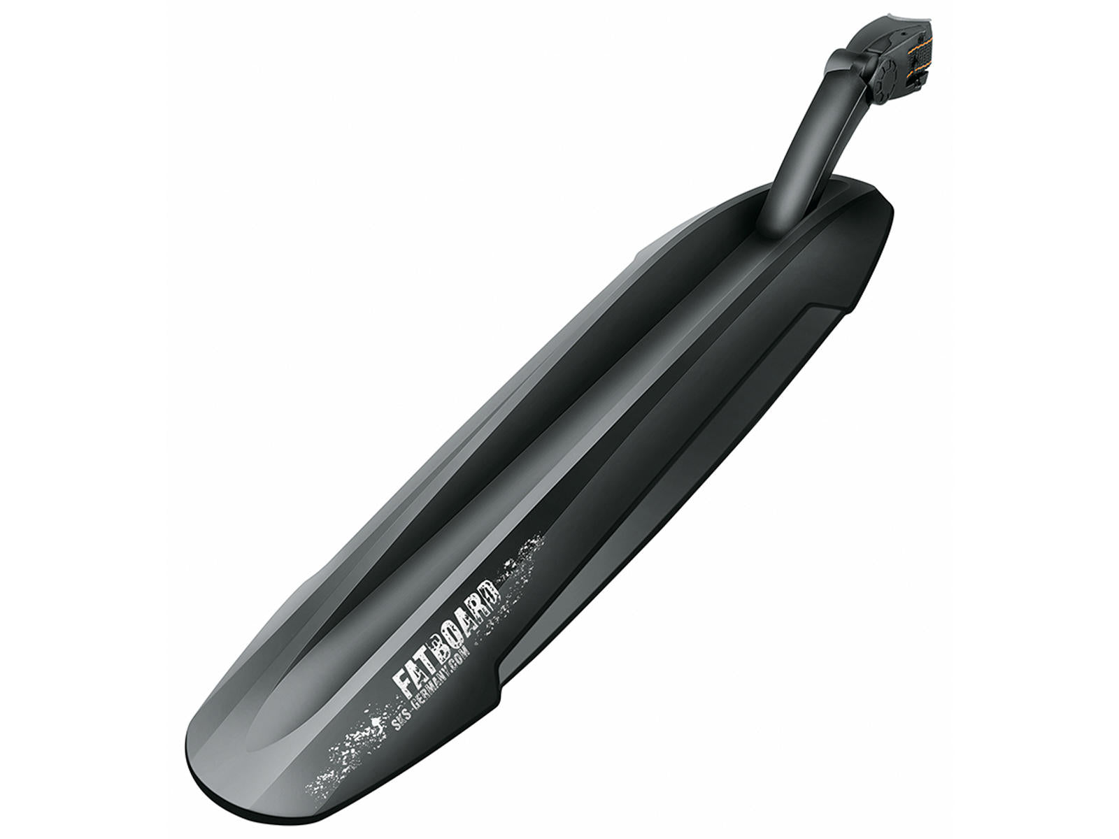 SKS Fatboard lokasuojat fatbikeen by SÄHKÖPYÖRÄT.NET on musta muovinen takasuojus, jossa on kaareva muotoilu ja kiinnityskannatin, jossa on "FLYBOARD" valkoisella värillä sivulla - täydellinen fatbike-käyttöön.