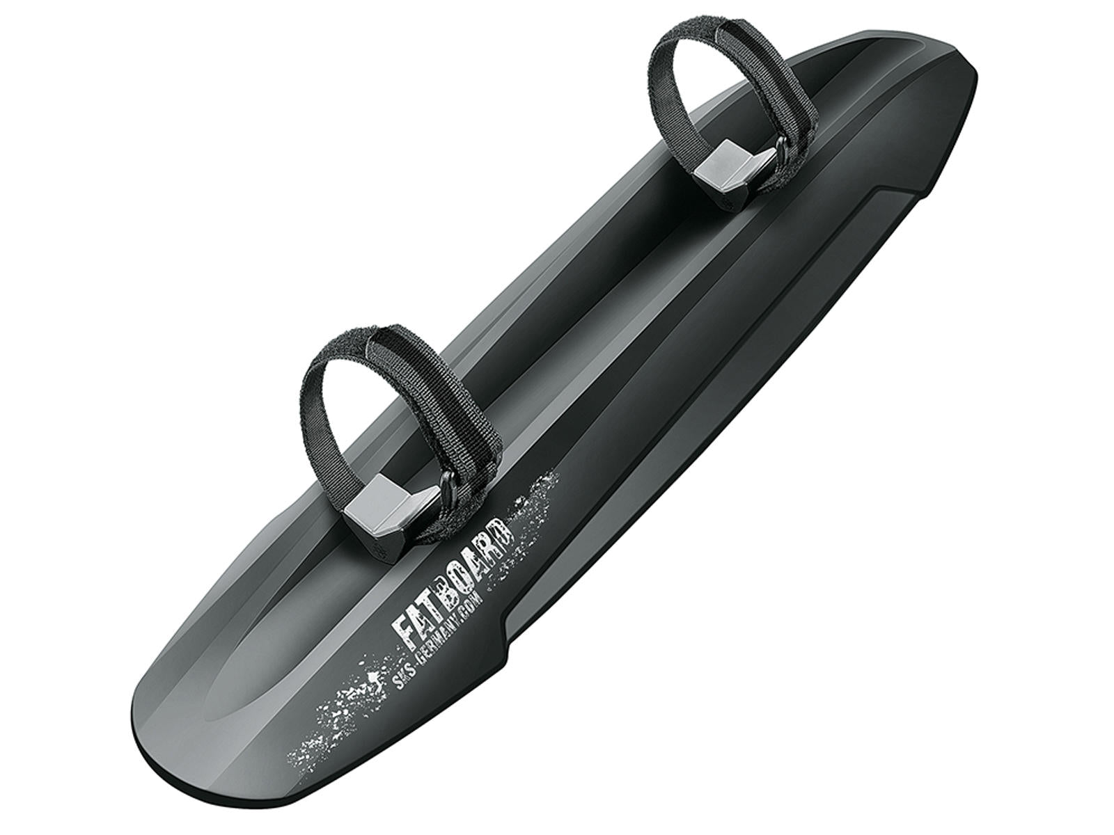 Musta muovinen lumilauta, jossa on kaksi säädettävää hihnaa ja teräväkärkinen etuosa lumella liukumista varten, SÄHKÖPYÖRÄT.NETin SKS Fatboard lokasuojat fatbikeenin innoittamana, jossa on kyljessä merkintä "FETBOARD Sled Innovation".
