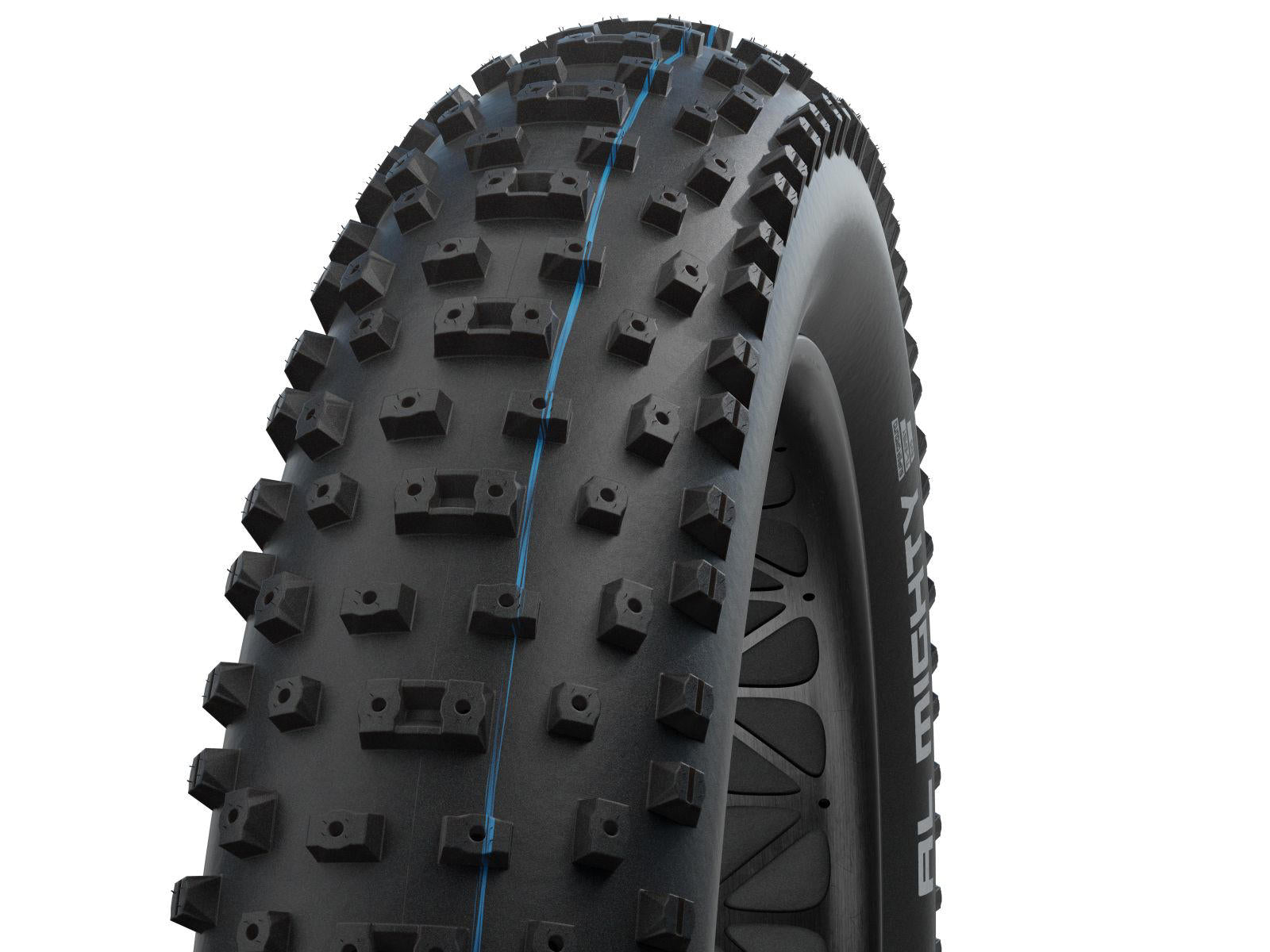 Lähikuva SCHWALBE Al Mighty EVO taitettava rengas 26" x 4,80" (120-559) SÄHKÖPYÖRÄT.NET:stä, jossa on paksu kulutuspinta ja sininen keskilinja, suunniteltu tubeless-maastopyöräilyyn. Tasainen valkoinen tausta.