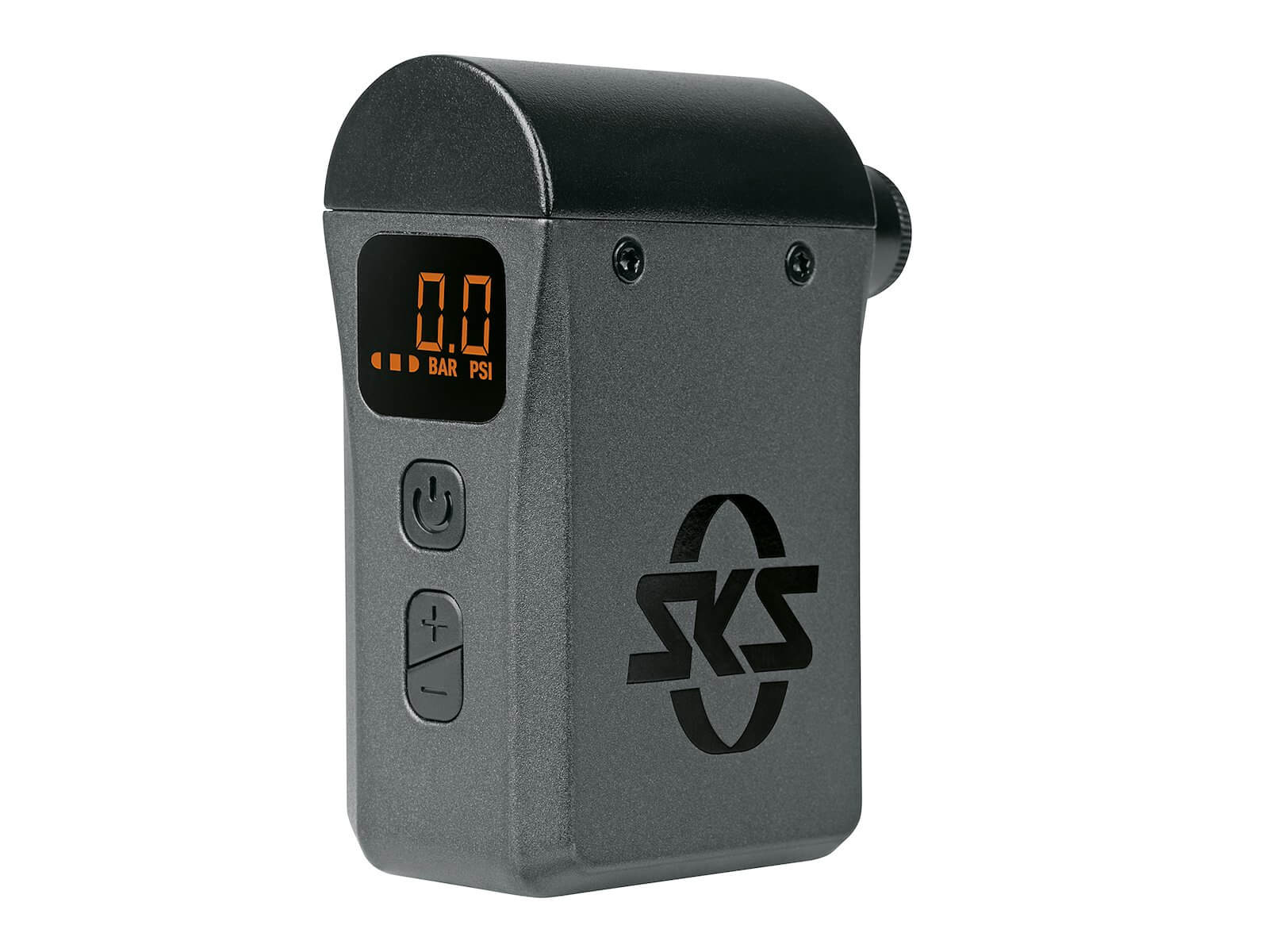 SKS elektroninen pumppu 8,3 bar / 120 psi on kompakti musta pumppu, jossa on oranssi LED-näyttö, joka näyttää 0,0 BAR/PSI, kaksi säätöpainiketta ja SKS-logo - täydellinen elektroninen pumppu pyörääsi.