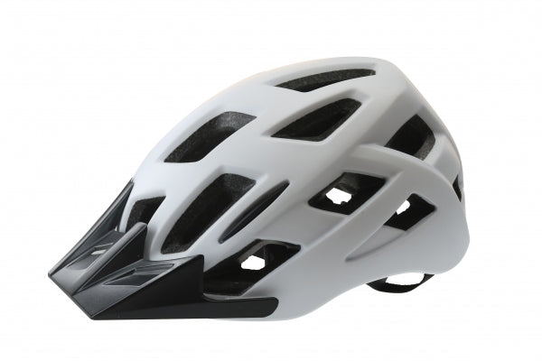 Valkoinen SÄHKÖPYÖRÄT.NET ROCKHEAD City pyöräilykypärä mustilla tuuletusaukoilla ja mustalla visiirillä valkoisella pohjalla. Tämä hyvin istuva kypärä tarjoaa mukavuutta ja turvallisuutta jokaiseen ajoon.