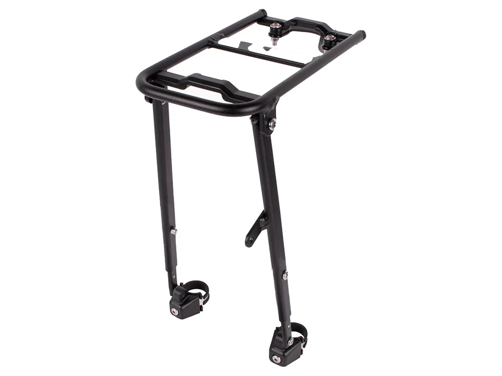 Hamax ATRAN VELO Carrier Hybrid UNI etutarakka on musta metallinen etuteline, jossa on kiinnityskannattimet ja säädettävät jalat, suunniteltu lastin kuljettamiseen ja yhteensopiva AtranVelo System -lisävarusteiden kanssa monipuolisuuden lisäämiseksi.