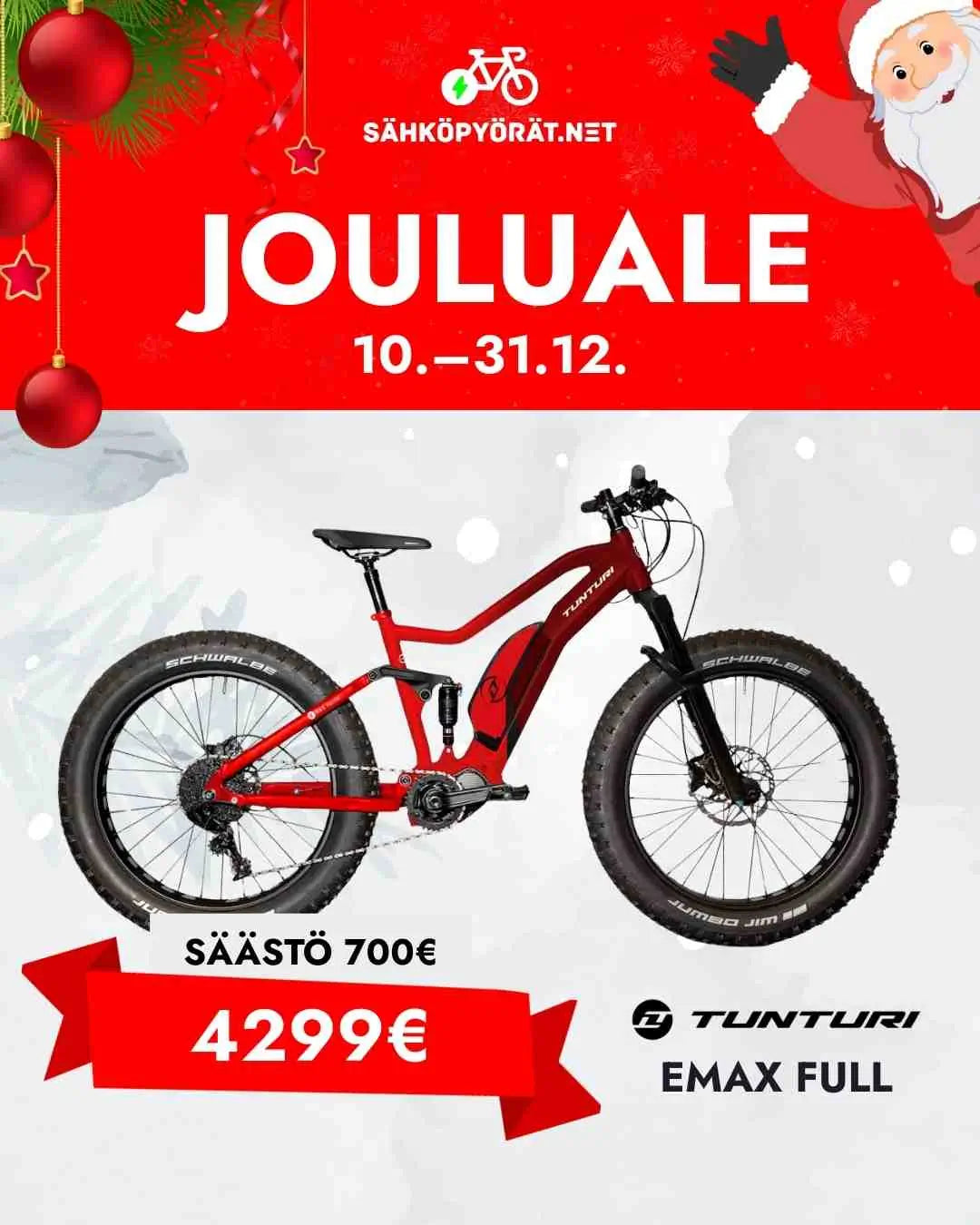 Tunturi punainen fatbike valkoisella taustalla jouluteemalla