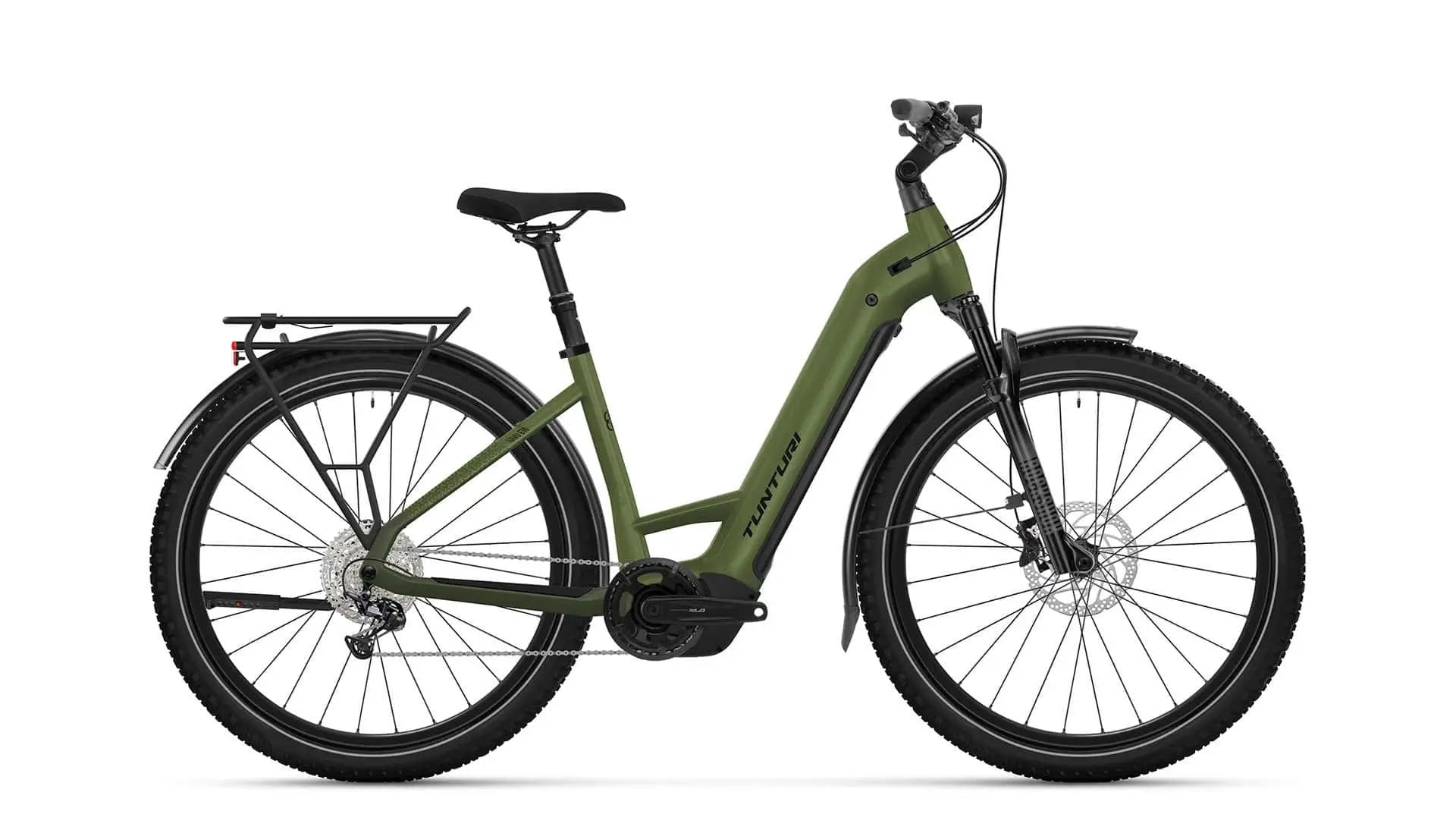 VihreÀ Tunturi Havu Low -hybridiekkopyörÀ, jossa on step-through-runko, Bosch Performance Line PX -moottori, etujousitushaarukka, takateline, musta satula ja leveÀt renkaat, nÀkyy sivulta valkoisella taustalla.