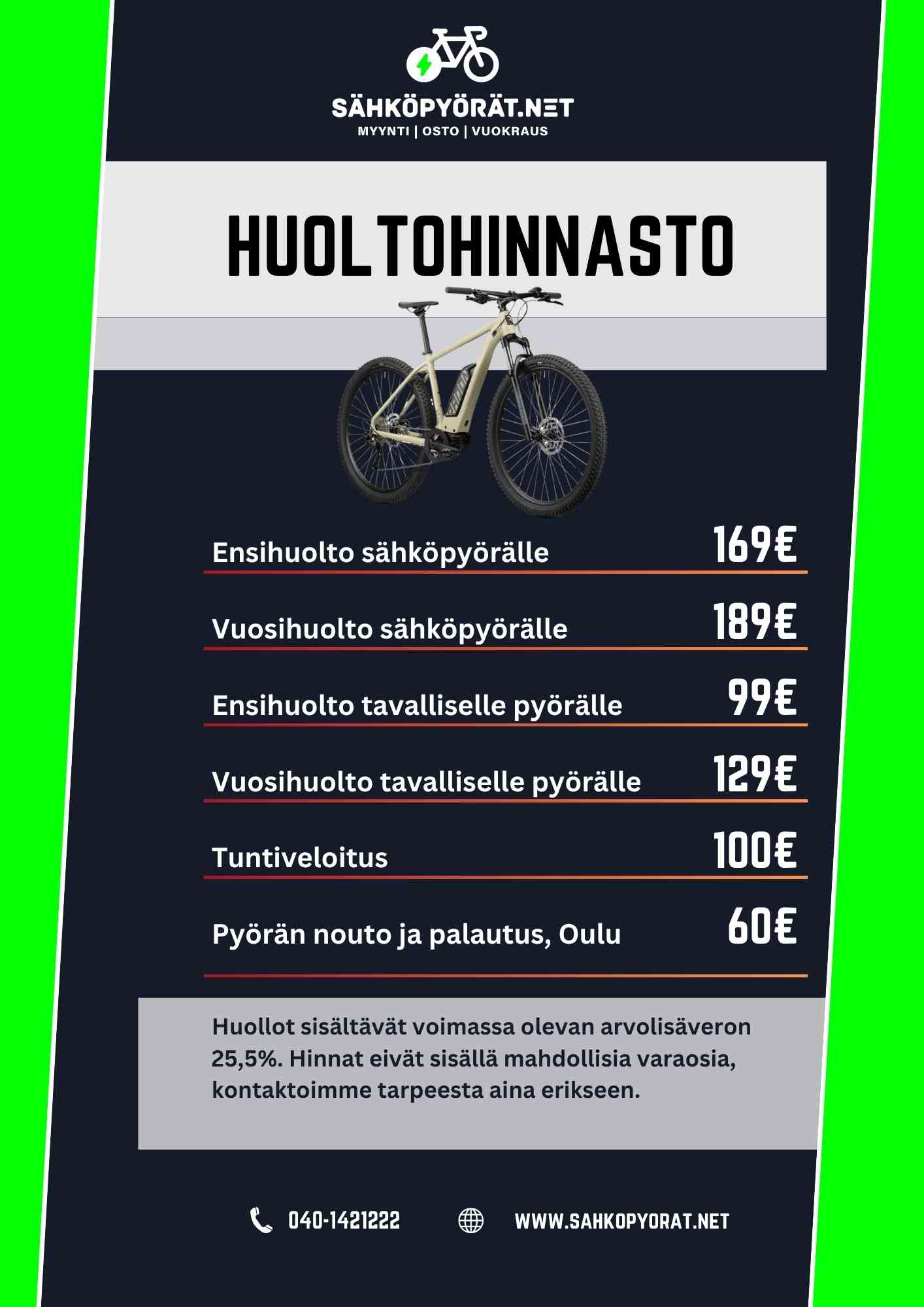 SÄHKÖPYÖRÄT.NETin Sähköpyörän huollon suomenkielisessä hinnastossa on vihreä ja musta design, polkupyöräikoni, Oulun yhteystiedot ja selkeä hinnoittelu sekä sähkö- että tavallisille pyöräpalveluille.