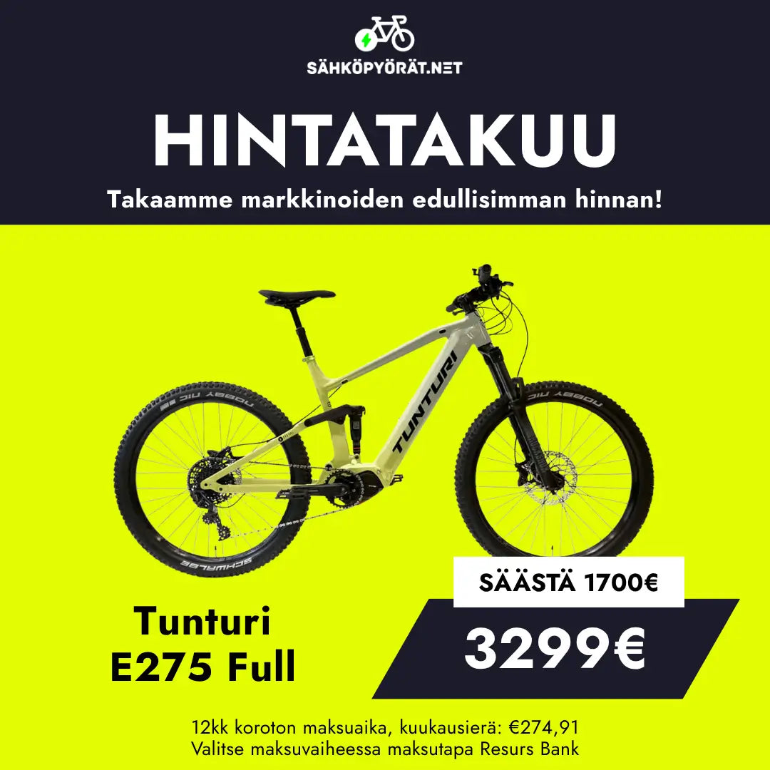 Keltainen Tunturi E275 Full sähkömaastopyörä Shimano EP8:lla näkyy mustalla pohjalla, ja siinä on suomenkielinen hintatakuuteksti. Hanki se nyt hintaan 3299€ (säästö 1700€). Maksusuunnitelmavaihtoehdot näkyvät myös alla.
