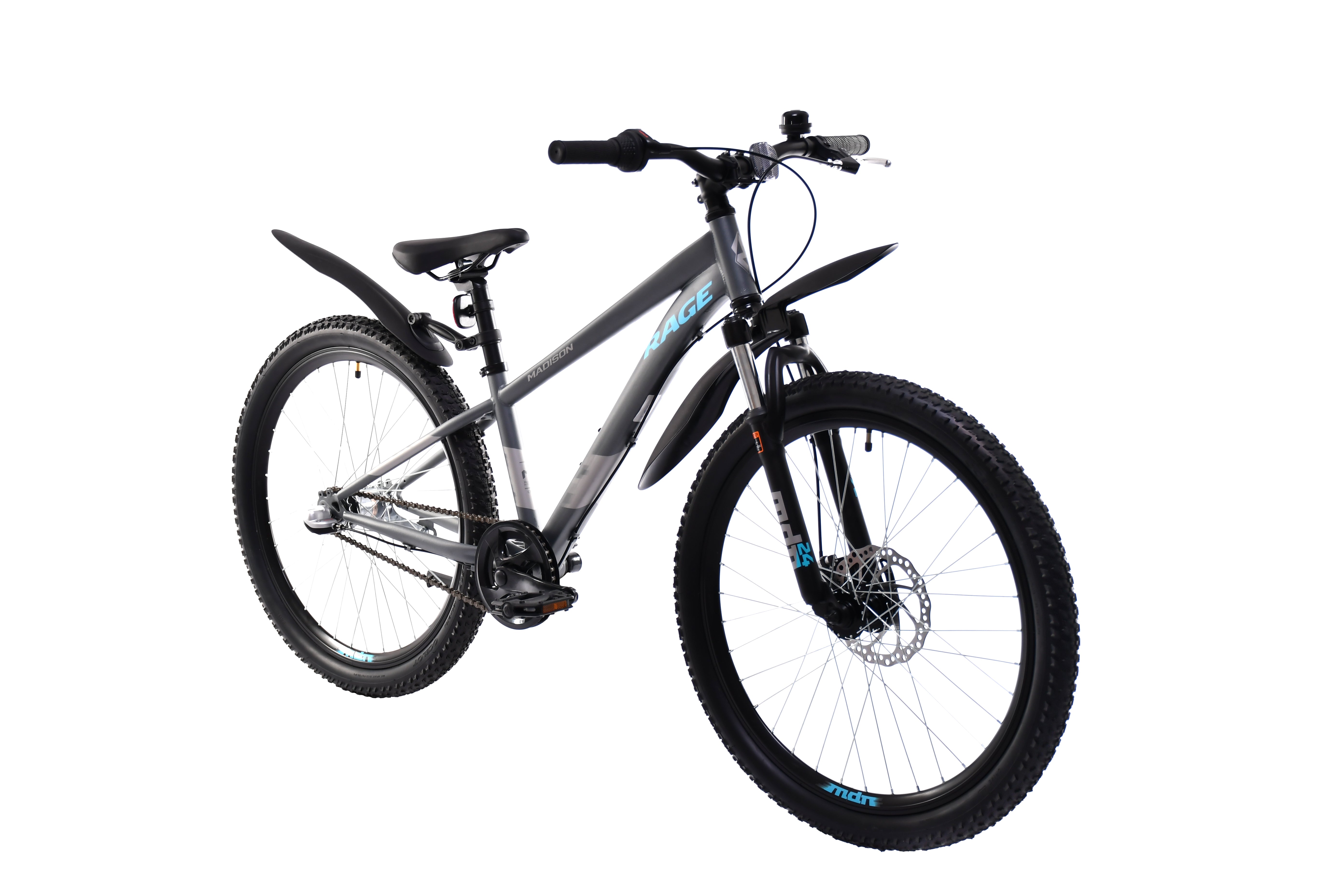 SÄHKÖPYÖRÄT.NETin Madison 24" Rage Disc lasten ja nuorten maastopyörä sisältää leveät renkaat, lokasuojat, suoran ohjaustangon ja levyjarrut harmaana ja mustana. Ihanteellinen nuorille. Kuvattu valkoisella pohjalla.