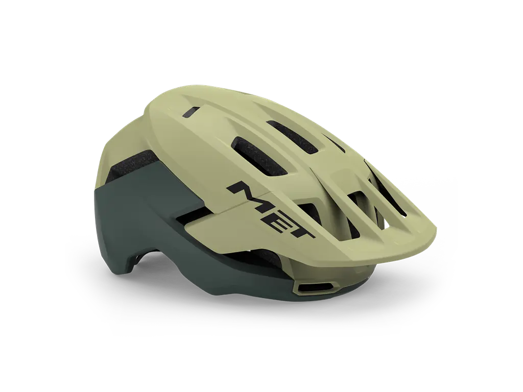 SÄHKÖPYÖRÄT.NET MET Helmet Terrae MIPS on vaalean- ja tummanvihreä pyöräilykypärä, jossa on useita tuuletusaukkoja ja "MET" painettu sivulle.
