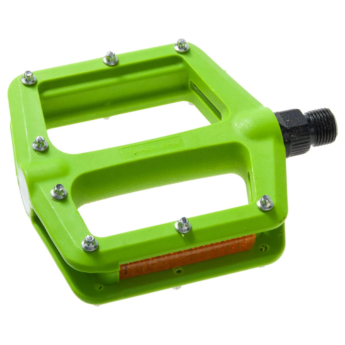 Hamax Poljin 9/16" Cavo MTB/BMX on kirkkaanvihreä litteä polyamidipoljin, jossa on 10 mukana vaihdettavat nastat ylimääräistä pitoa varten, oranssi sivuheijastin ja musta kierreakseli turvallista kiinnitystä varten.