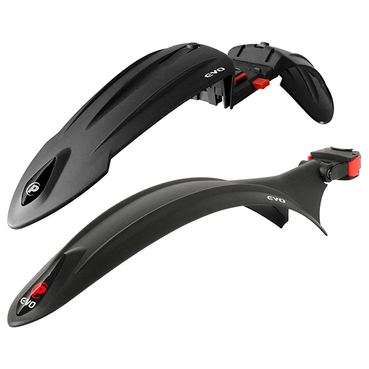 SÄHKÖPYÖRÄT.NETin POLISPORT Cross Country EVO pikalokasuojapari (26"/27.5"/29") sisältää kaksi mustaa muovista pyöränsuojusta, joissa on punaiset kiinnikkeet etu- ja takapyörille, jotka on esitetty valkoisella pohjalla ja merkitty EVO-logolla.