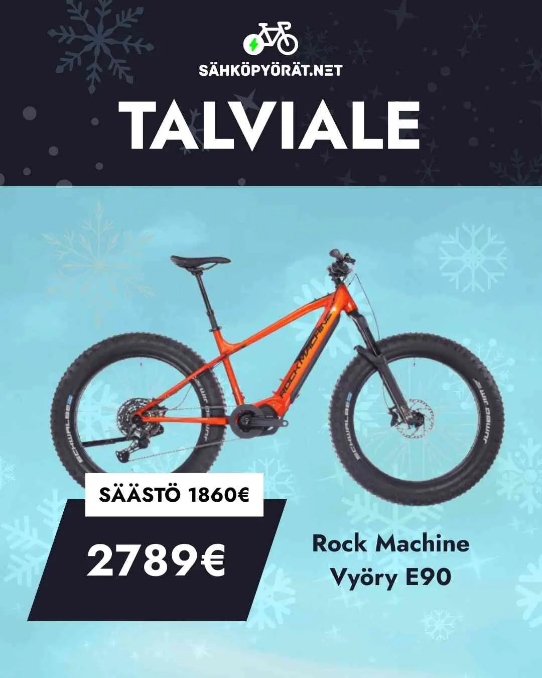 Rock Machine E90 - punainen fatbike sinisellä taustalla.