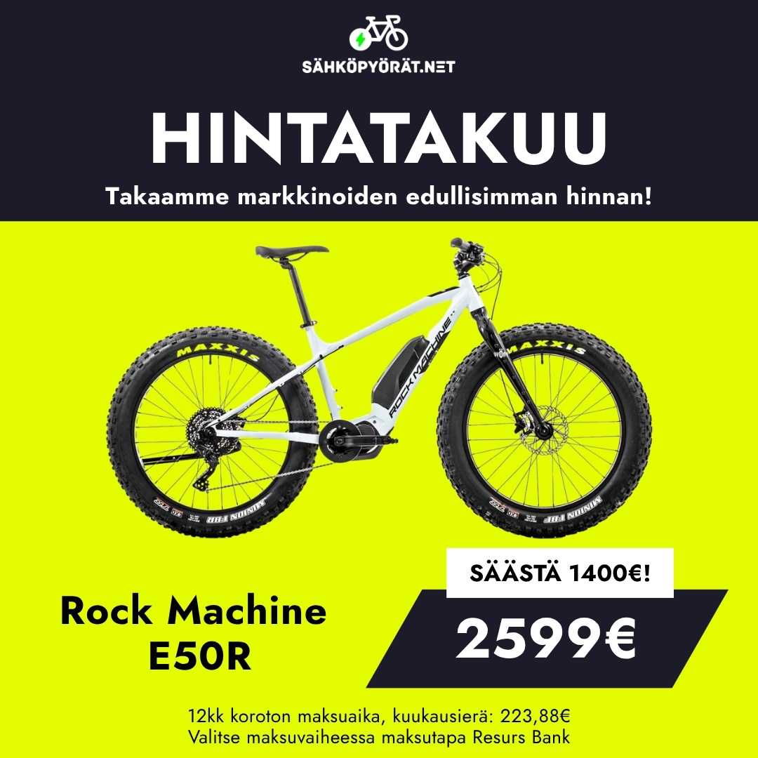 SĂHKĂPYĂRĂT.NET mainostaa Rock Machine Vyöry E50R:ÀÀ suurella pyörĂ€n kuvalla, 2599 euron hintalapulla ja "SÀÀstĂ€ 1400 euroa" -merkinnĂ€llĂ€ sekĂ€ otsikolla, jossa luvataan markkinoiden alhaisin hintatakuu.