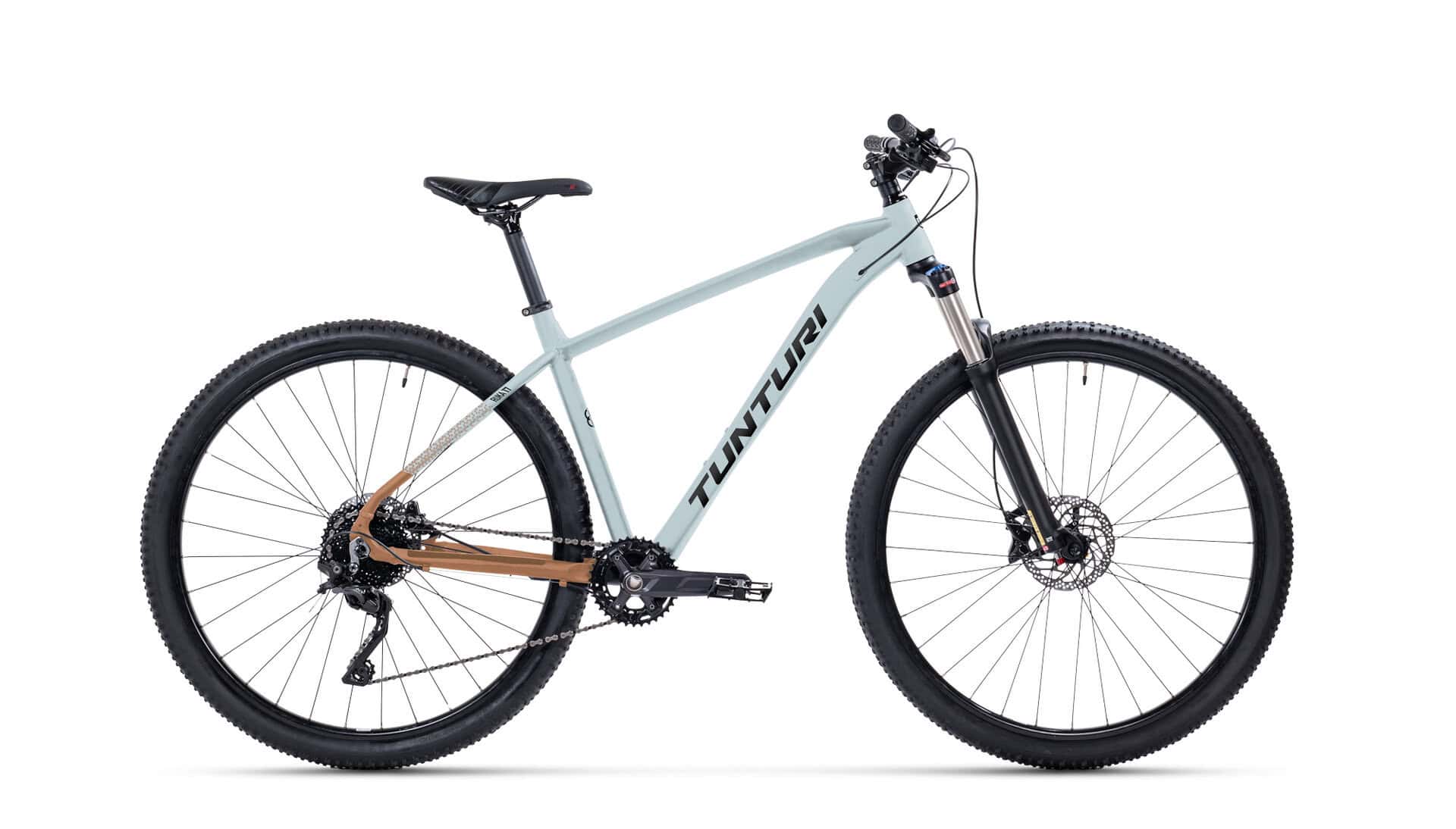 Tunturin vaaleansininen sähköpyörä valkoisella taustalla.