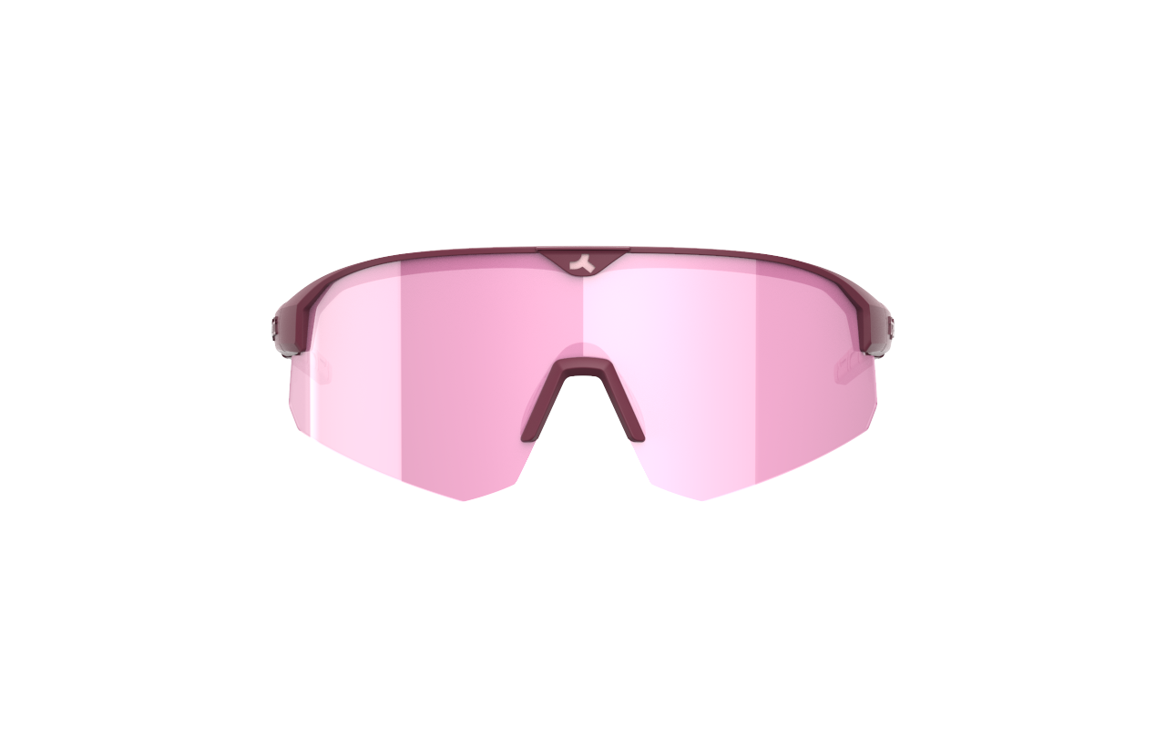 Etunäkymä SÄHKÖPYÖRÄT.NETin Tripoint Mount Mist Small -lasista, jossa on yksi vaaleanpunainen sävytetty linssi, tumman viininpunaiset korostukset ja avoin kehyksetön pohja. Tarjoaa UV400-suojaa optimaalista silmien suojausta kaikissa aktiviteeteissasi.