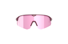 Etunäkymä SÄHKÖPYÖRÄT.NETin Tripoint Mount Mist Small -lasista, jossa on yksi vaaleanpunainen sävytetty linssi, tumman viininpunaiset korostukset ja avoin kehyksetön pohja. Tarjoaa UV400-suojaa optimaalista silmien suojausta kaikissa aktiviteeteissasi.