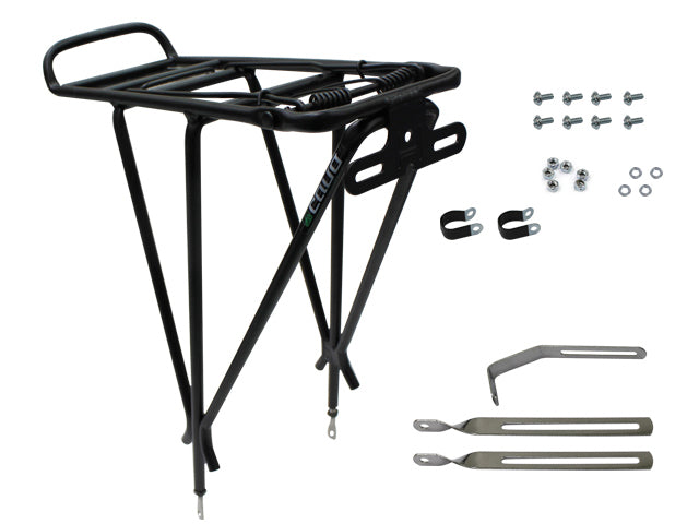 Tavarateline FAT-pyöriin CAVO alu musta kiinteä by SÄHKÖPYÖRÄT.NET on musta alumiininen takateline, jossa on jousikiinnike, laitteisto ja metallikiinnikkeet - ihanteellinen lisävarusteiden, kuten Thule Coaster XT:n, kiinnittämiseen - kuvassa valkoisella pohjalla.