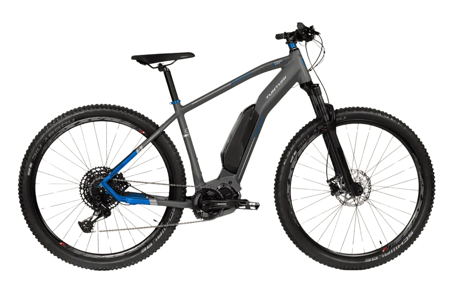 Harmaa ja sininen Tunturi E290 ME sähköavusteinen maastopyörä, jossa on musta runkoon asennettu akku, etujousitushaarukka, levyjarrut, nupukkarenkaat ja Shimano E7000 -moottori, näkyy profiilissa valkoista taustaa vasten.