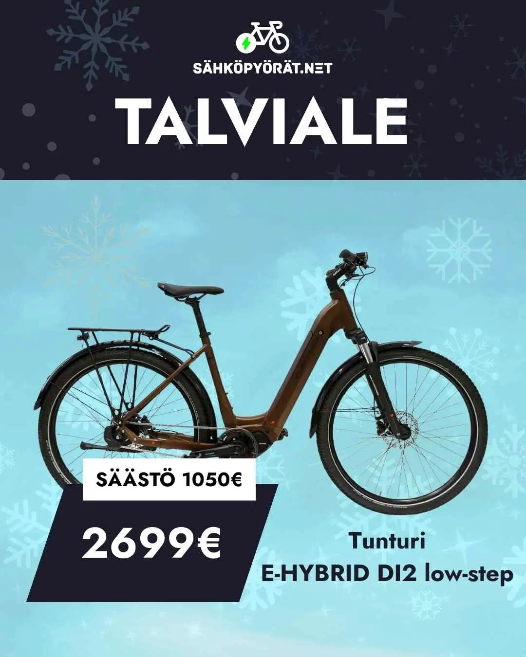 Tummataustaisessa mainoksessa näkyy ruskea Tunturi E-HYBRID DI2 low-step *HUIPPUTARJOUS* RAJOITETTU ERÄ SÄHKÖPYÖRÄT.NETistä