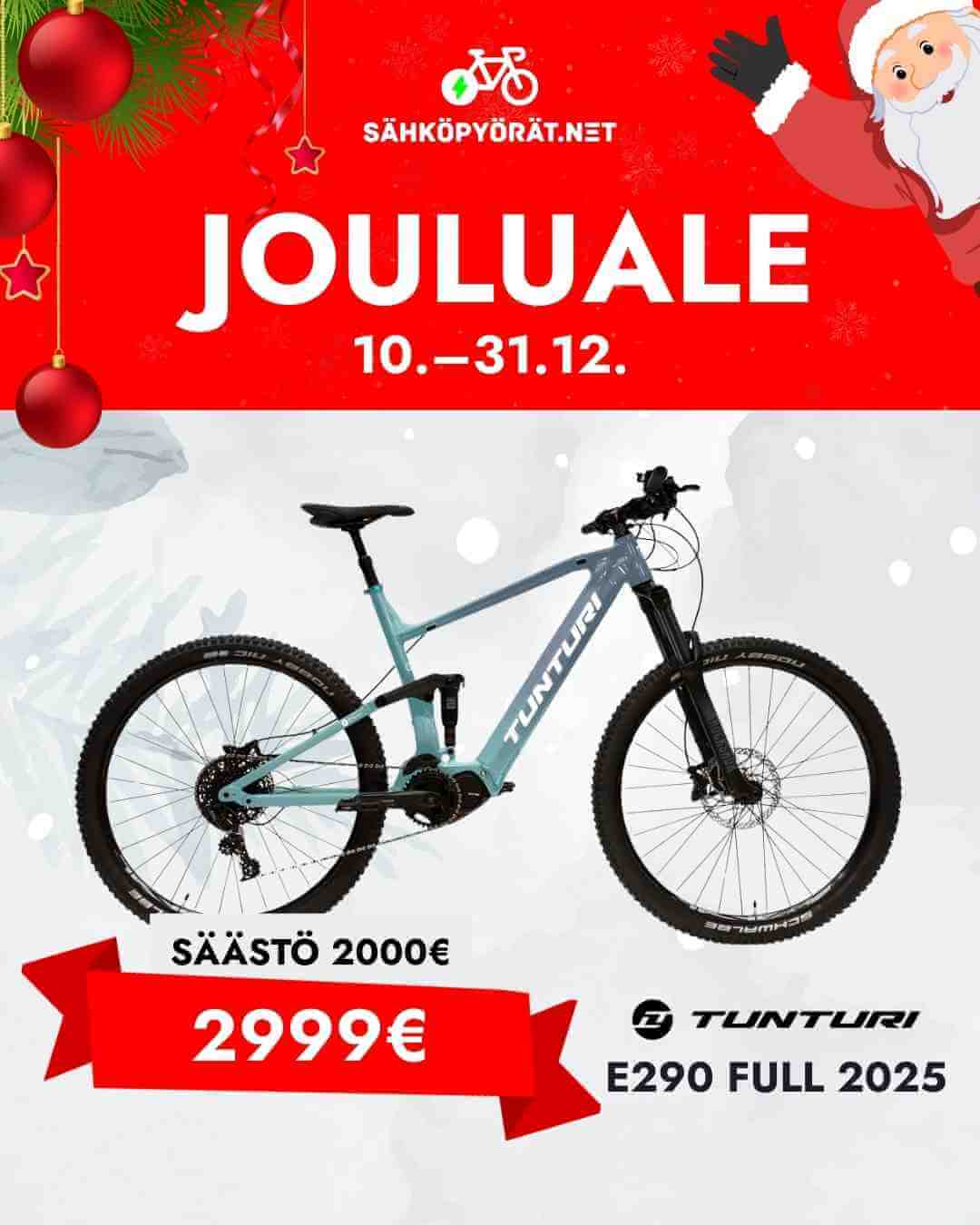 Tunturi sininen maastopyörä valkoisella taustalla jouluteemalla