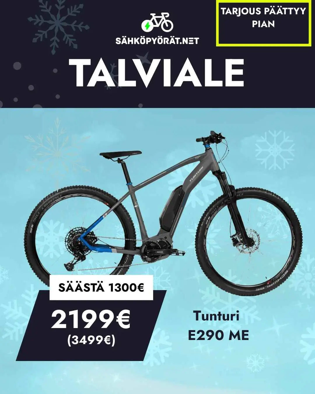 Mustanharmaa Tunturi E290 ME RAJOITETTU ERÄ! sähköavusteinen maastopyörä Shimano E7000:lla näkyy sinisellä, lumihiutalekuvioisella taustalla. Talvimyynti: 2199€ (oli 3499€)-säästät 1300€.