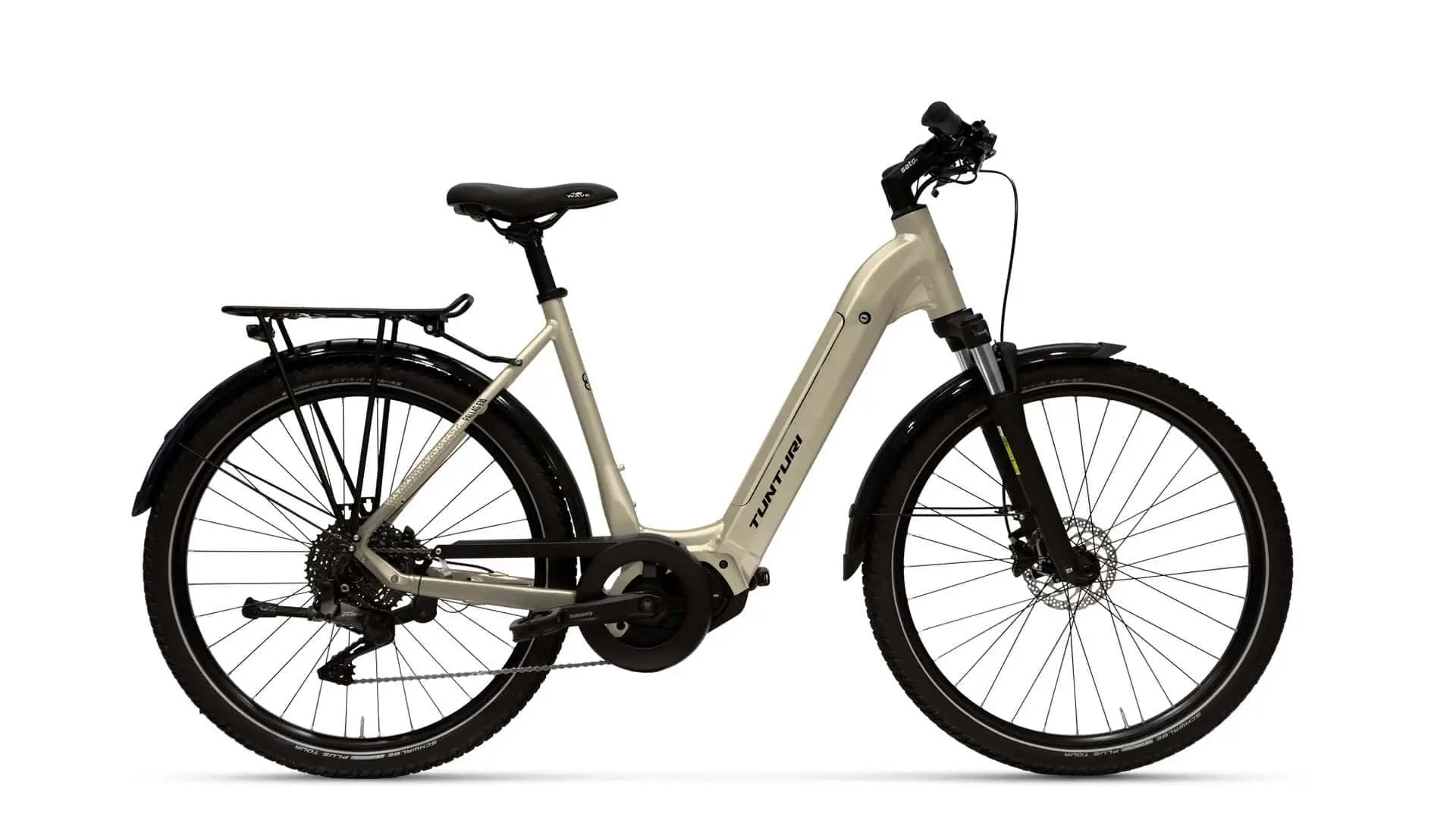 Tunturi shampaanvärinen kaupunkisähköpyörä valkoisella taustalla