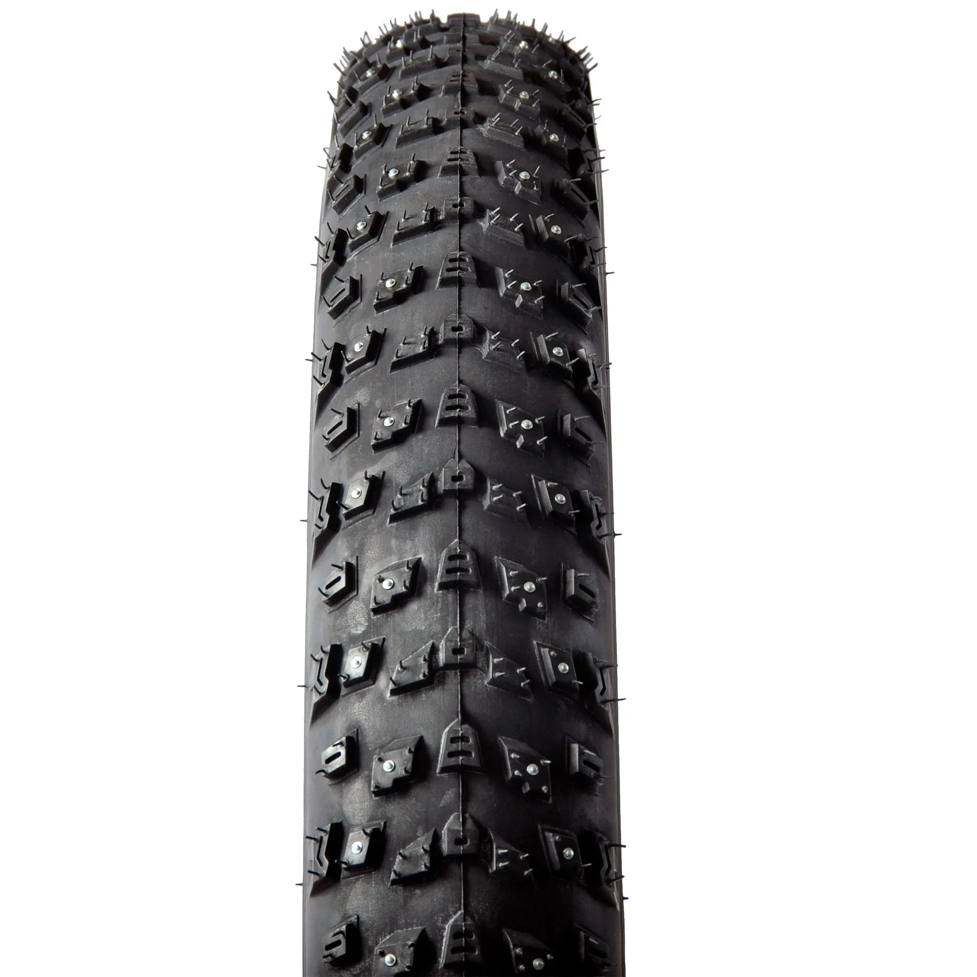 Lähikuva SÄHKÖPYÖRÄT.NET Nastarengas 26" CHAOYANG FAT-BIKE (26x4.9) TR taitettava musta rengas, jossa on syvä kulutuspinta ja metallinastat lisäpitoa lumella tai jäällä, ylhäältä kuvattuna yksityiskohtainen lumimyrskyyn soveltuva kuviointi.