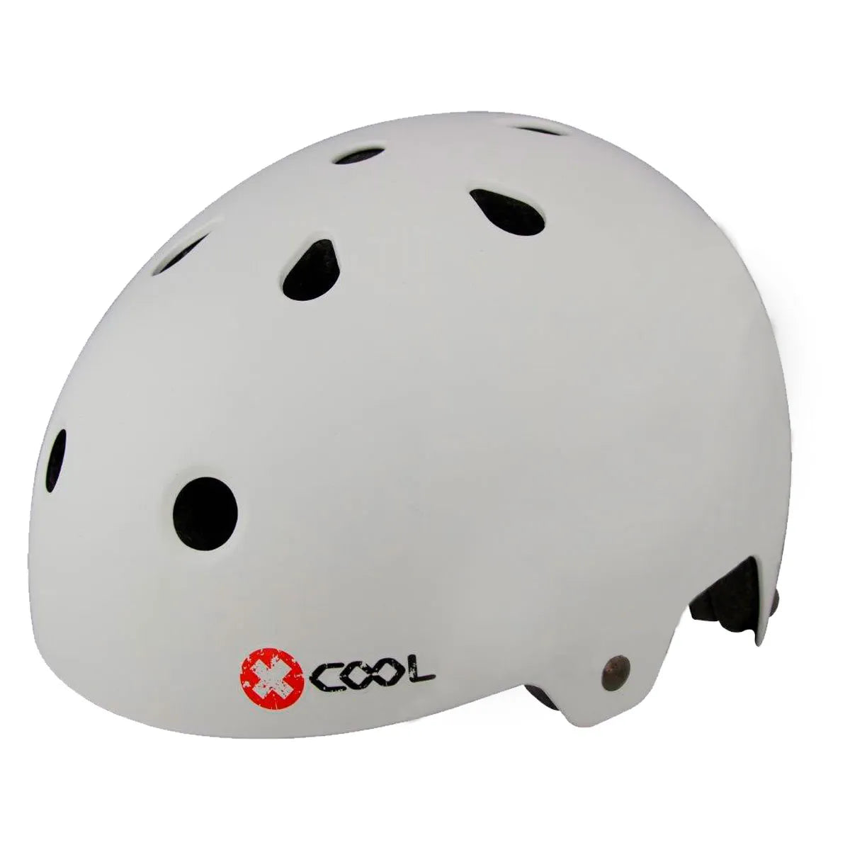 X-COOL BMX pyörĂ€ilykypĂ€rĂ€ sÀÀtöpannalla by SĂHKĂPYĂRĂT.NET on valkoinen kovakuorinen kypĂ€rĂ€, jossa on tuuletusaukot, punainen ja valkoinen ristilogo ja COOL mustalla - ihanteellinen BMX-kĂ€yttöön.