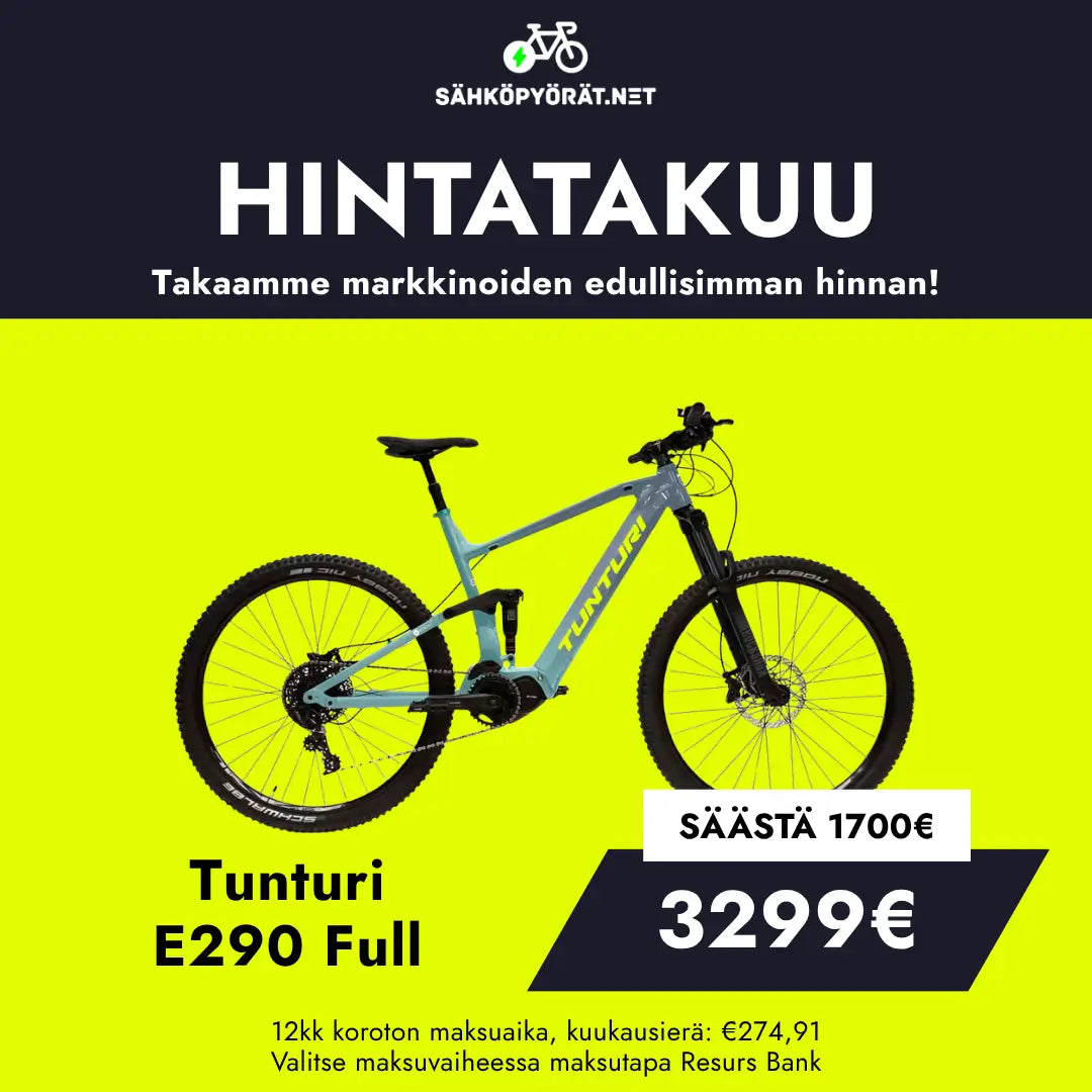 Keltaisella ja mustalla pohjalla on keltainen ja sininen Tunturi E290 Full sähkömaastopyörä. Hintatakuu, myyntihinta 3299€, säästö 1700€ ja suomalaiset maksuvaihtoehdot mainostetaan. Tunturi.