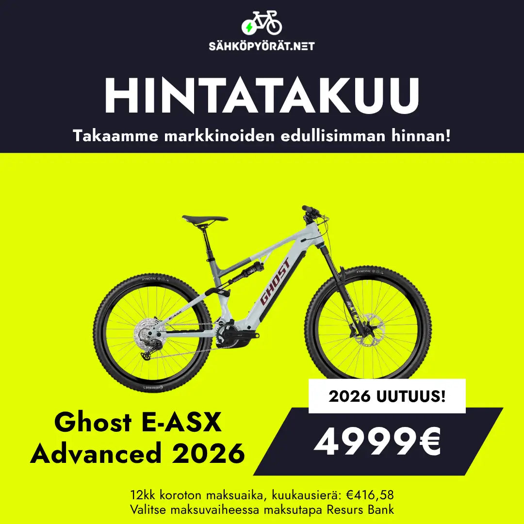 SÄHKÖPYÖRÄT.NET Ghost E-ASX Advanced 2026 täysjousitettu sähköpyörä Bosch Performance Line CX:llä nyt 4999€. Hintatakuu ja kuukausierät. Sivukuva vihreällä taustalla.