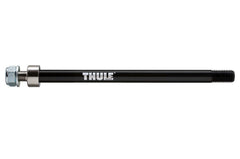 Musta THULE 12x1.5 Shimano -lastenkuljetusperäkärryn läpiakseliadapteri SÄHKÖPYÖRÄT.NET:stä, jossa on kierteitetty pää, hopeinen pultti ja aluslevy, kuvassa valkoinen. Yhteensopiva Thule-lastenkuljetuskärryn ja Shimano E-Thru -järjestelmien kanssa.