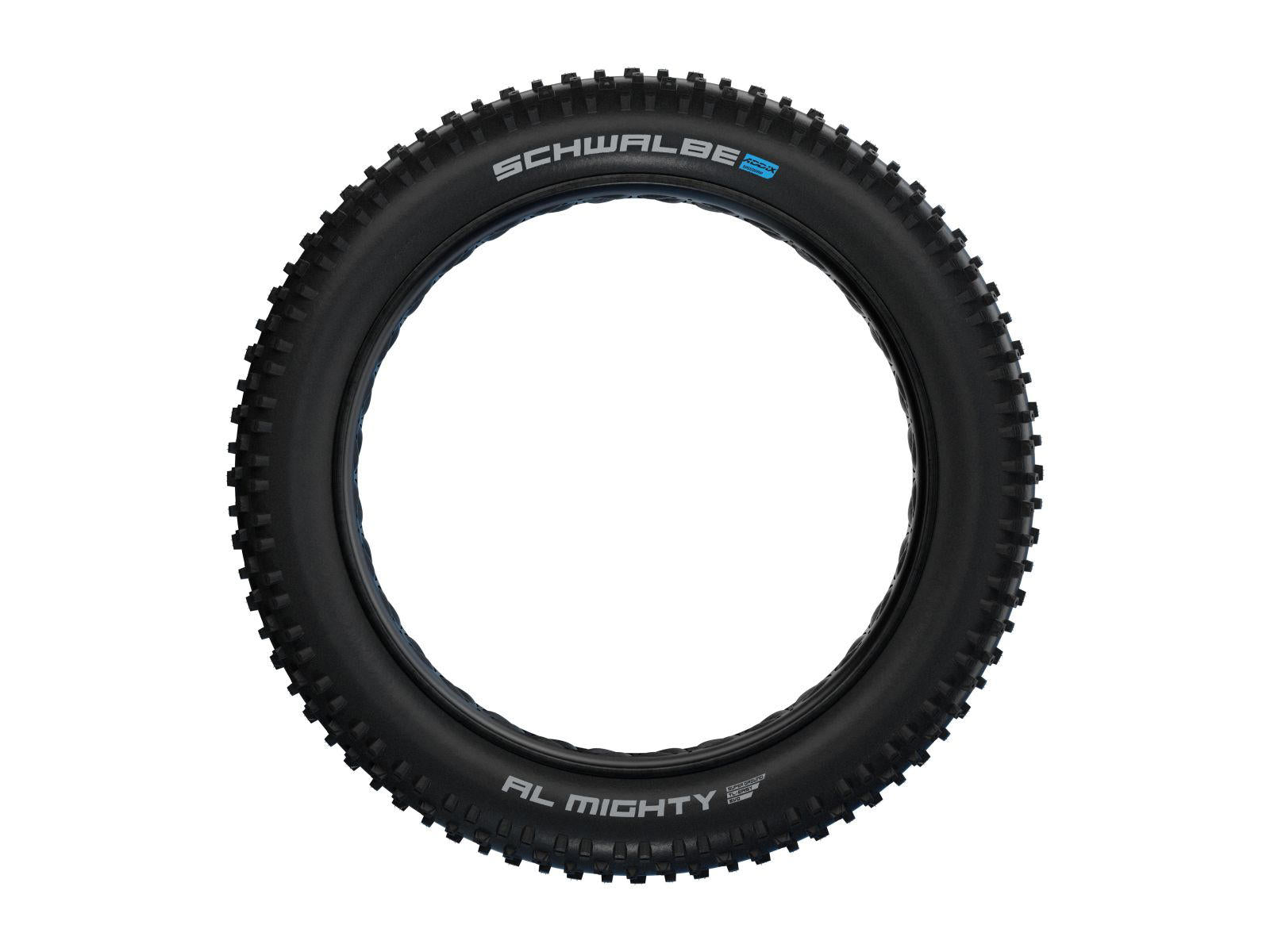 Musta SCHWALBE Al Mighty EVO taitettava rengas 26" 4,80" (120-559) SÄHKÖPYÖRÄT.NET:ltä, jossa on näkyvä kulutuspinta, näkyy ylhäältä alaspäin valkoista taustaa vasten, ja siinä on valkoinen ja sininen tuotemerkki. Rengas on tubeless-valmis.