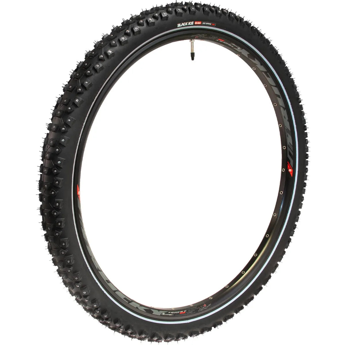 SÄHKÖPYÖRÄT.NET Nastarengas 29" x 2.6" BLACK ICE 400, jossa on 448 kartionastaa, Presta-venttiili ja korostetun nupukkamainen kulutuspinta, seisoo pystyssä valkoista taustaa vasten. Sopii nastarenkaaksi tai talvirenkaaksi.