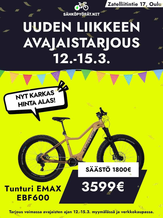 SÄHKÖPYÖRÄT.NET-mainoksessa on keltainen Tunturi EMAX EBF600 AVAJAISTARJOUS läskipyörä Bosch Performance Line CX:llä vihreällä taustalla. Myyntiin: 12.-15. maaliskuuta hintaan 3599€-säästät 1800€.
