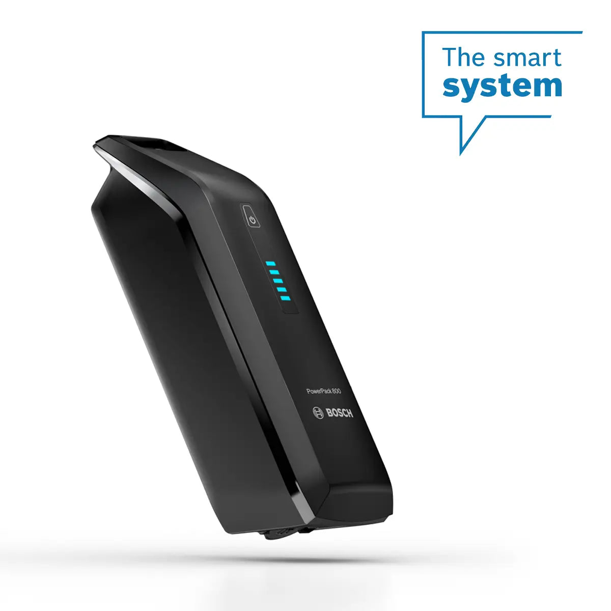 Musta Bosch akku, jossa näkyy etupuolella akun varaustaso. Valkoinen tausta