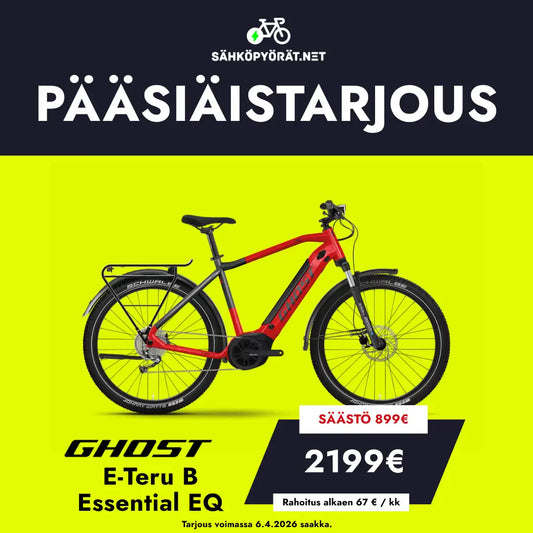 SÄHKÖPYÖRÄT.NETin GHOST E-Teru B Essential EQ sähköpyörä näkyy keltaisella pohjalla hintaan 2199€ (oli 899€). Suomenkielinen teksti mainostaa pääsiäistarjousta "PÄÄSIÄISTARJOUS", joka on voimassa 6.4.2026 asti.