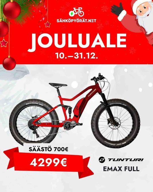 Tunturi punainen fatbike valkoisella taustalla jouluteemalla