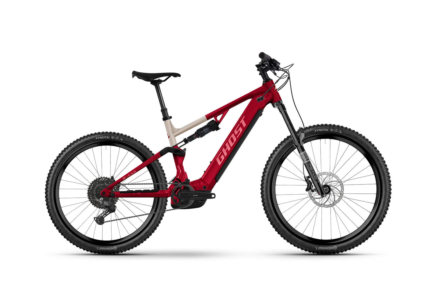 SÄHKÖPYÖRÄT.NETin Ghost E-ASX Essential 2026 on punainen täysjousitettu sähköpyörä, jossa on mustat pyörät ja renkaat, GHOST-logo, levyjarrut ja Bosch Performance Line CX -moottori keskiveto alarungossa. Kuvassa sivuprofiili.