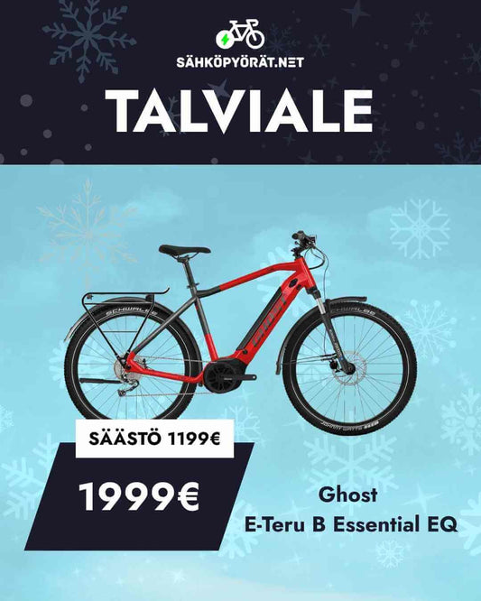 Ghost E-Teru sähköpyörä - talviale sinisellä lumisella taustalla
