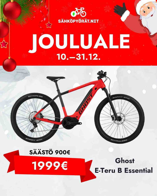 Ghost punainen maastopyörä valkoisella taustalla jouluteemalla