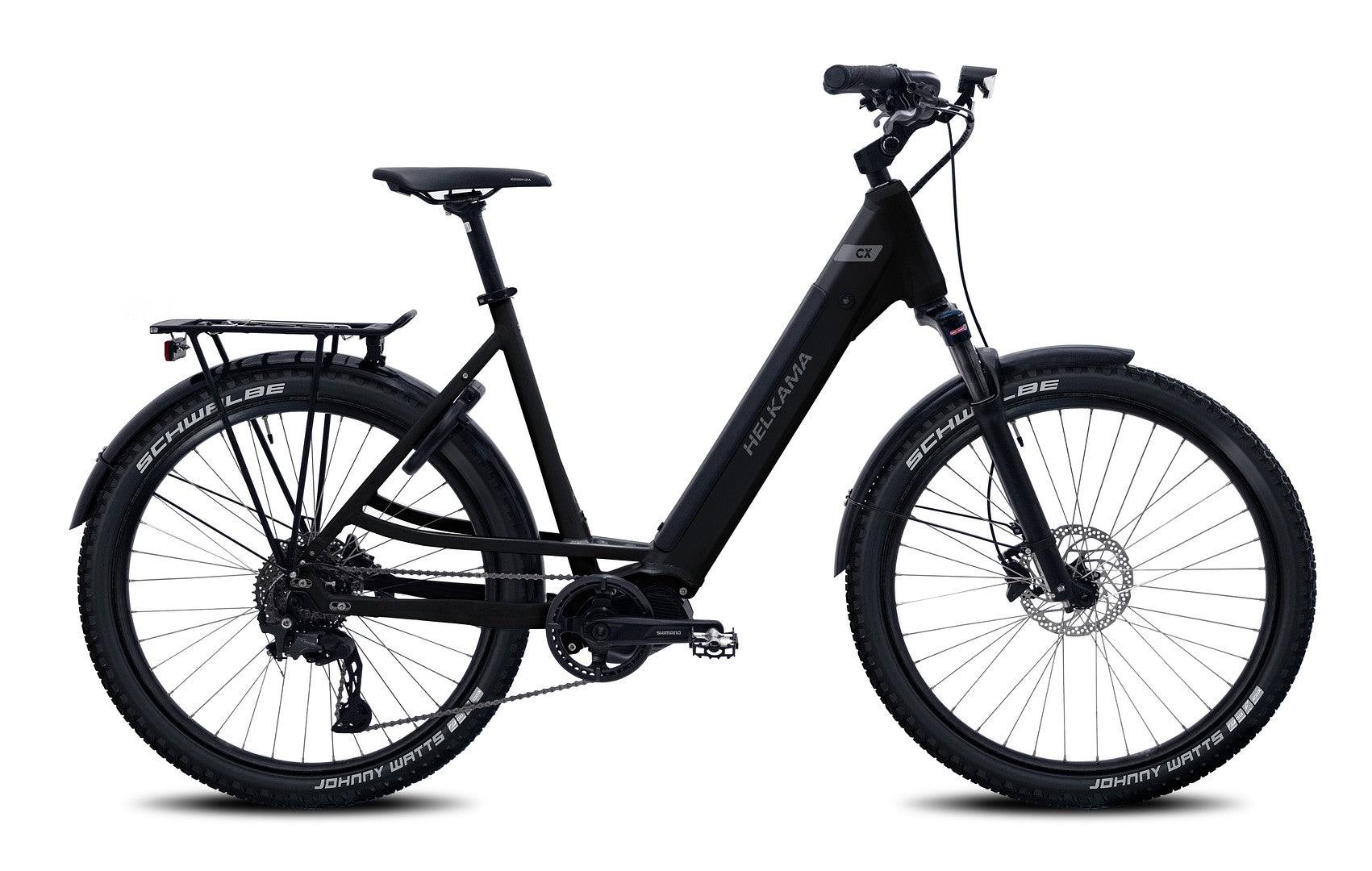 Helkama CX 10v 27,5" sähköpyörä, tyylikkäässä mustassa värissä, sisältää paksut renkaat, etujousituksen, levyjarrut, tavaratelineen takana ja läpivientirungon - kaikki valkoisella pohjalla.