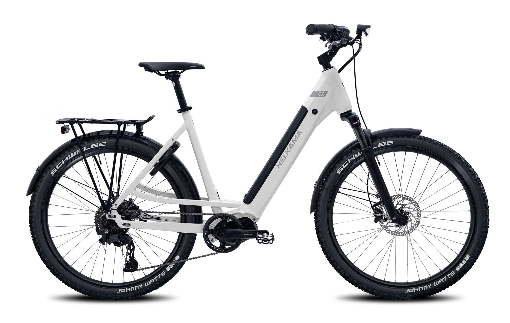Valkoinen Helkama CX 10v 27,5" sähköpyörä, jossa on step-through-runko, etujousitushaarukka, takateline ja levyjarrut, on kuvattu sivulta valkoisella pohjalla.
