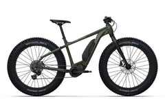 Matta vihreä Helkama F 10v 26" sähköpyörä mustalla ohjaustangolla, keskiveto moottorilla ja isoilla Schwalbe Jumbo Jim -renkailla on esitetty sivuprofiilissa valkoisella taustalla.