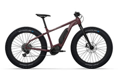 Ruskeankeltainen Helkama F 10v 26" sähköpyörä, jossa on keskusakku, leveät, nupukkamaiset Schwalbe Jumbo Jim -renkaat, levyjarrut ja tukeva runko, näkyy profiilissa valkoista taustaa vasten.