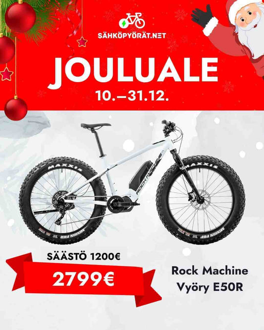 Valkoinen fatbike valkoisella taustalla jouluteemalla