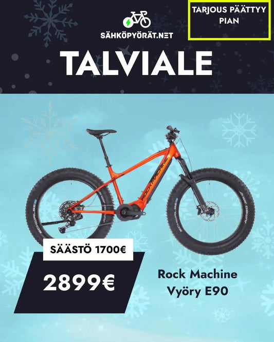 SÄHKÖPYÖRÄT.NET Kalliokoneyöry E90 *HUIPPUTARJOUS*: Isot renkaat, sininen lumitausta. Talviale! Säästö 1700€, nyt vain 2899€. Shimano EP6. Tarjous päättyy pian!.