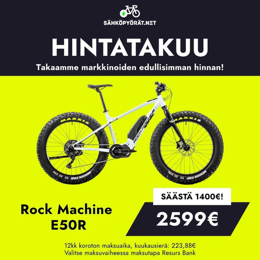SÄHKÖPYÖRÄT.NET mainostaa Rock Machine Vyöry E50R:ää suurella pyörän kuvalla, 2599 euron hintalapulla ja "Säästä 1400 euroa" -merkinnällä sekä otsikolla, jossa luvataan markkinoiden alhaisin hintatakuu.