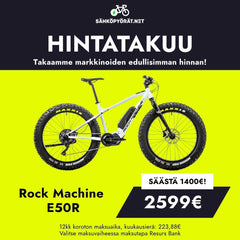 SÄHKÖPYÖRÄT.NET mainostaa Rock Machine Vyöry E50R:ää suurella pyörän kuvalla, 2599 euron hintalapulla ja "Säästä 1400 euroa" -merkinnällä sekä otsikolla, jossa luvataan markkinoiden alhaisin hintatakuu.