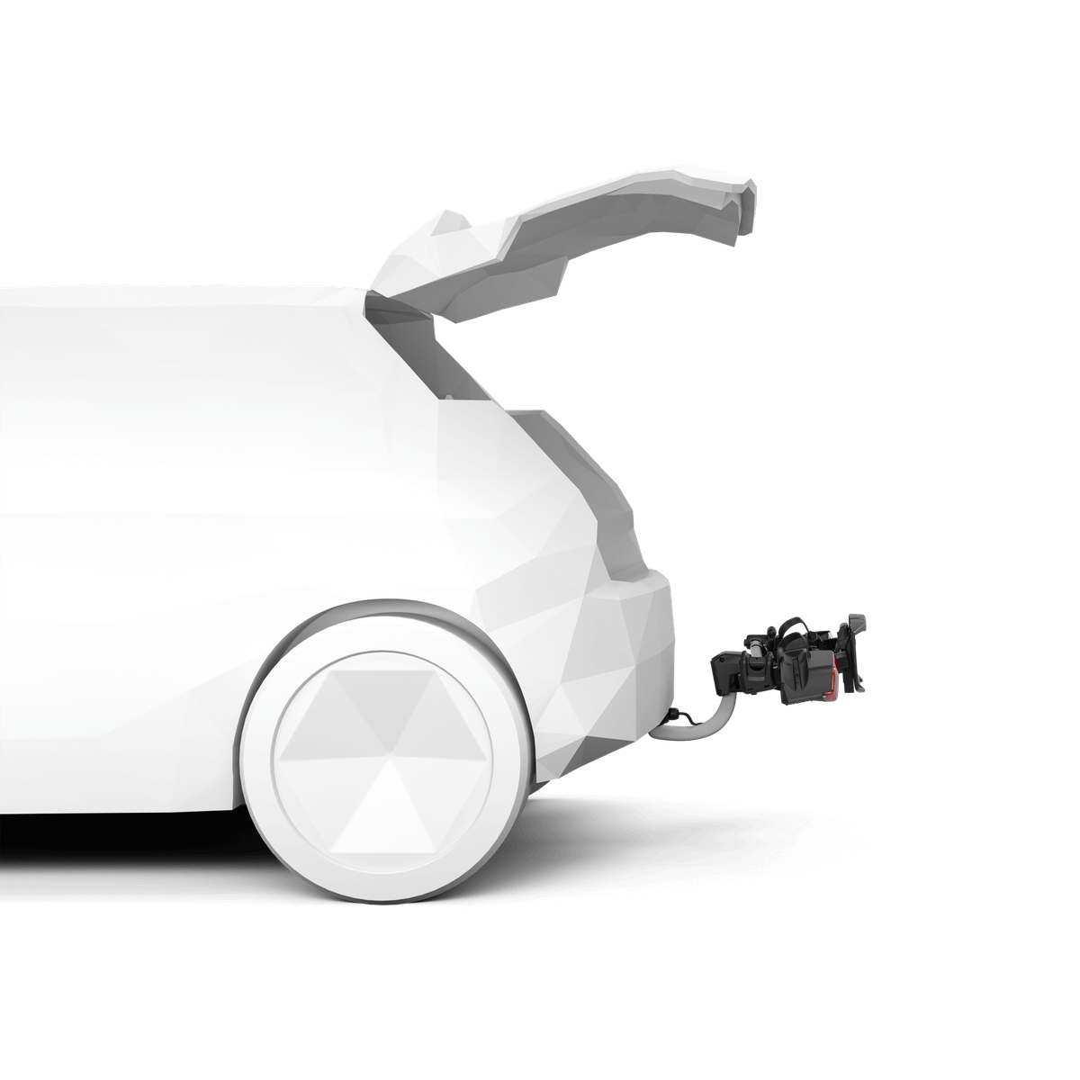 Valkoisessa geometrisessa autossa, jossa on avoin takakontti, näkyy Thule VeloLite pyöränkuljetusteline, jonka Thule on kiinnittänyt takaosaan mustan latauslaitteen viereen, korostaen sen sähköauto-ominaisuutta tavallista valkoista taustaa vasten.
