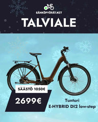 Tummataustaisessa mainoksessa näkyy ruskea Tunturi E-HYBRID DI2 low-step *HUIPPUTARJOUS* RAJOITETTU ERÄ SÄHKÖPYÖRÄT.NETistä